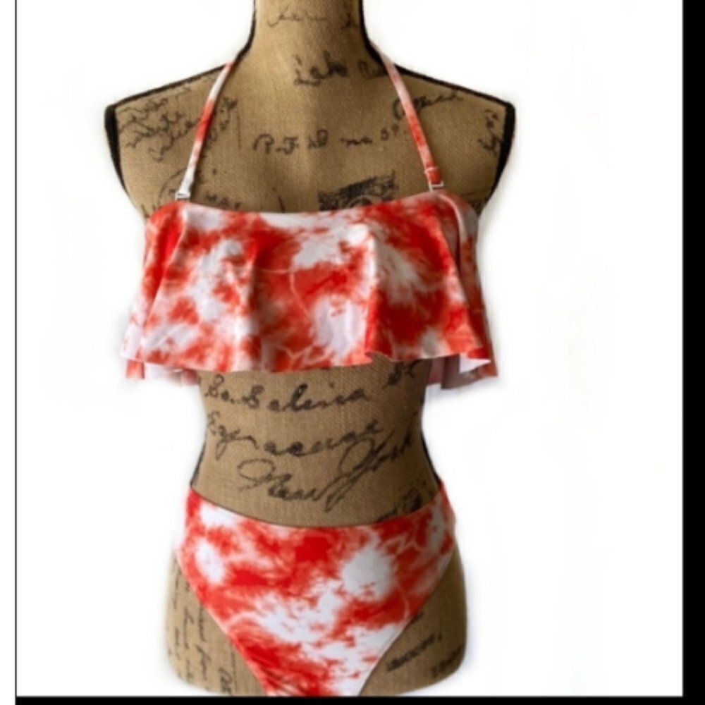 Kendall + Kylie Red flounce tie dyed Size S Bikini set Swimwear